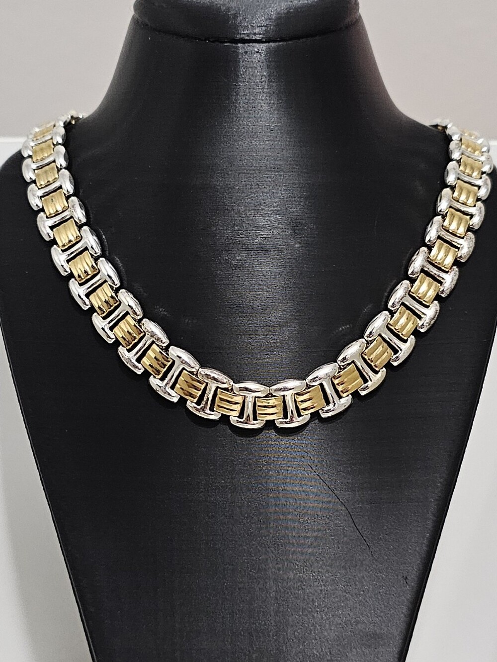 Y2K Two-Tone Gold/Silver Watch Link Statement Necklace Fold-Over Clasp VTG Style